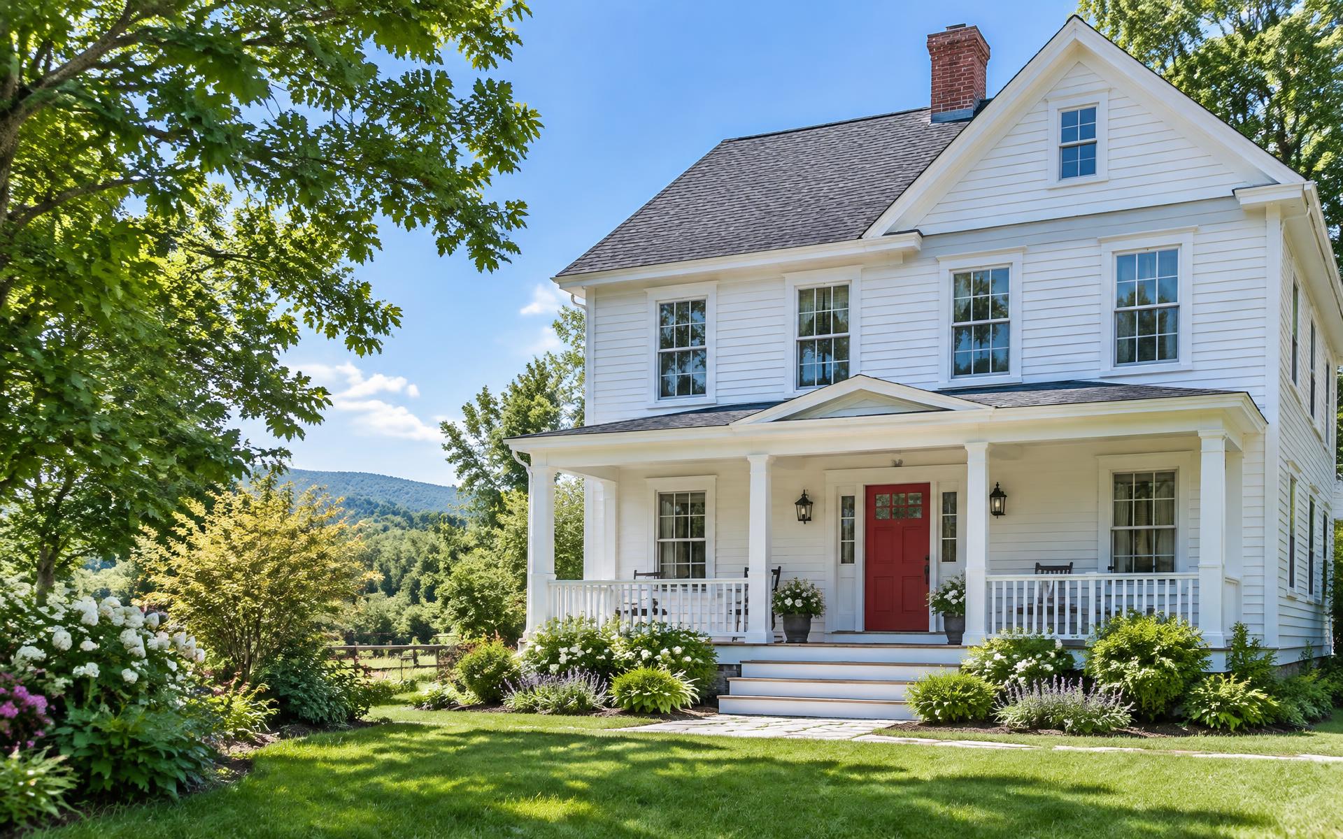 Freshly painted white New England home with crisp trim and a red front door